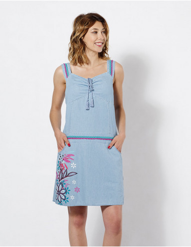 Robe Coton Jean A Bretelles Motif Fleur