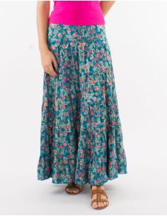 Jupe longue polyester à volants imprimé Sari doré