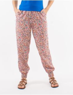 Pantalon polyester ceinture élastique bas smocké imprimé Floral