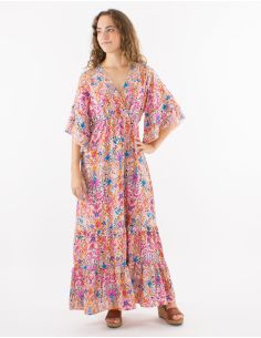 Robe longue polyester à volants manches courtes tulipes imprimé Aquarelle