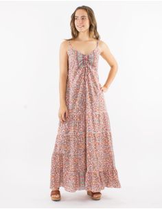 Robe longue polyester à volants à bretelles imprimé Floral