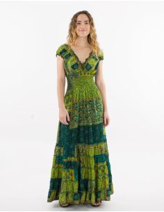 Robe longue polyester haut smocké imprimé Patch