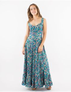 Robe longue polyester à bretelles larges imprimé Sari doré