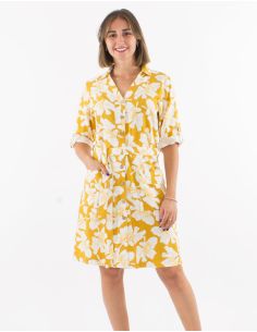 Robe 70% viscose 30% lin boutonnée manches 3/4 retroussables imprimé Coquelicot