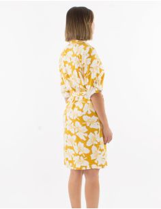 Robe 70% viscose 30% lin boutonnée manches 3/4 retroussables imprimé Coquelicot 2