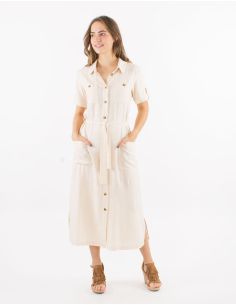 Robe longue 54% lin 46% viscose boutonnée manches courtes