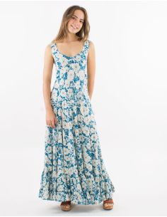 Robe longue viscose à bretelles larges imprimé Anémone
