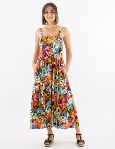 Robe longue viscose à bretelles smockée dos imprimé Jungle