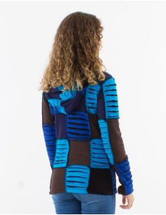 Veste maille coton patchwork avec capuche découpe rasoir appliqué 2