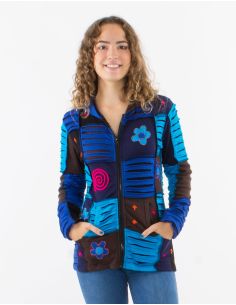 Veste maille coton patchwork avec capuche découpe rasoir appliqué