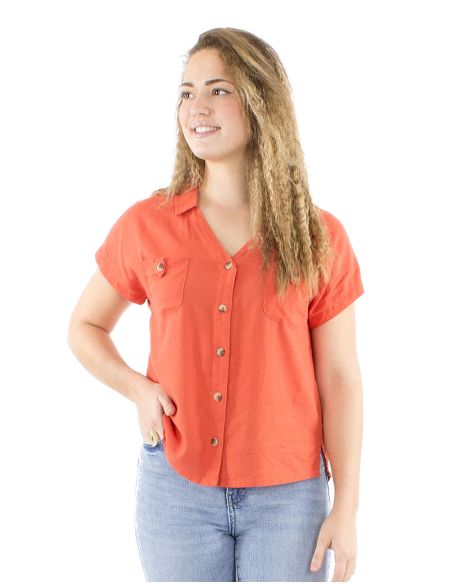 Chemisier 54% Lin 46% Viscose Boutonne Avec Poches Poitrine