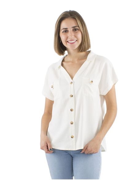 Chemisier 54% Lin 46% Viscose Boutonne Avec Poches Poitrine