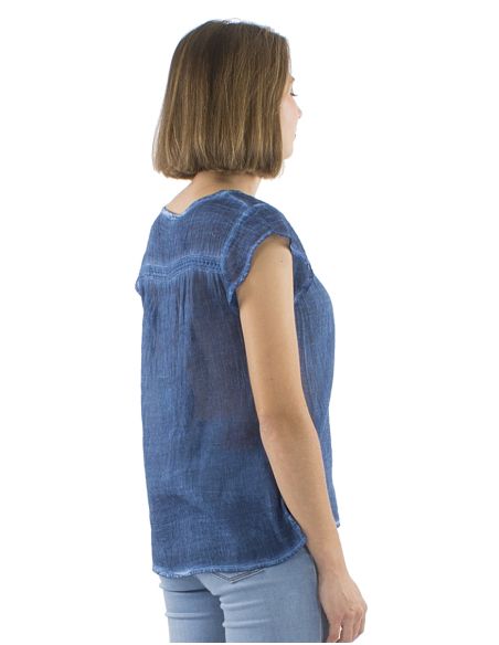 Top Coton Uni Col V Surteint Delave