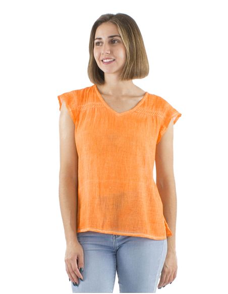 Top Coton Uni Col V Surteint Delave