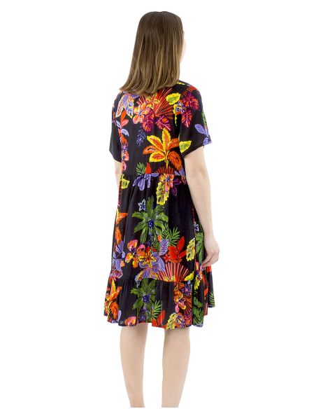 Robe Viscose Manches Courtes Imprime Hawaian