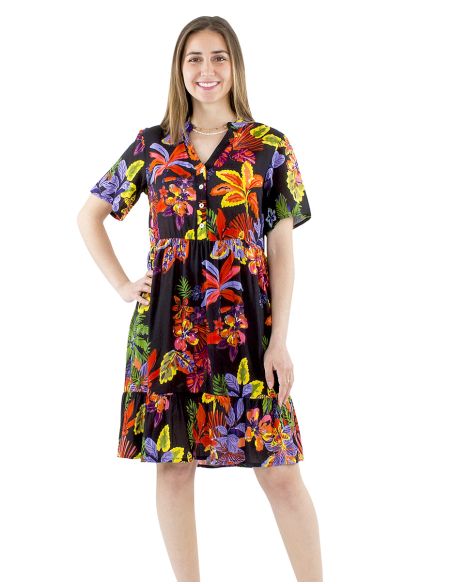 Robe Viscose Manches Courtes Imprime Hawaian