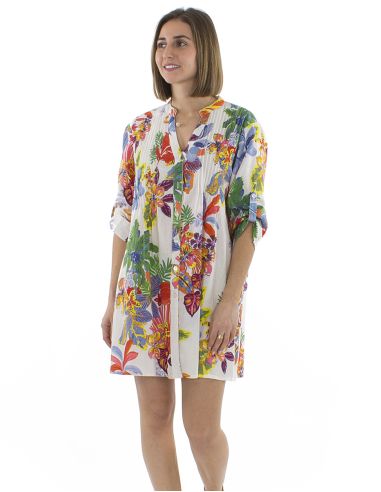 Robe Tunique Coton Manches Longues Imprime Hawaian