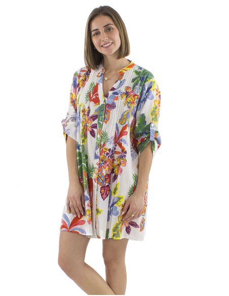 Robe Tunique Coton Manches Longues Imprime Hawaian