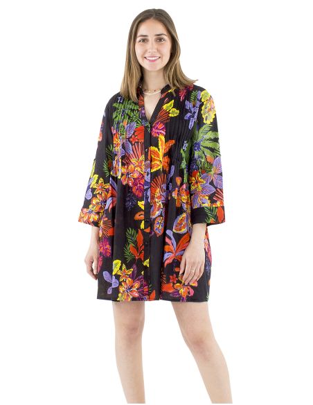 Robe Tunique Coton Manches Longues Imprime Hawaian