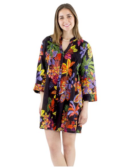 Robe Tunique Coton Manches Longues Imprime Hawaian