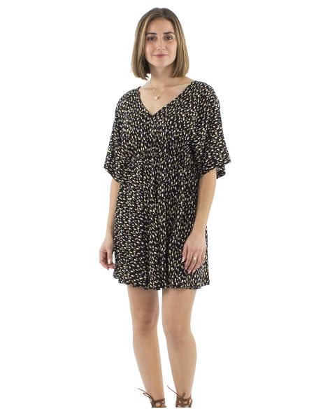 Robe Viscose Courte Imprime Feline Elastique TailleManches Courtes