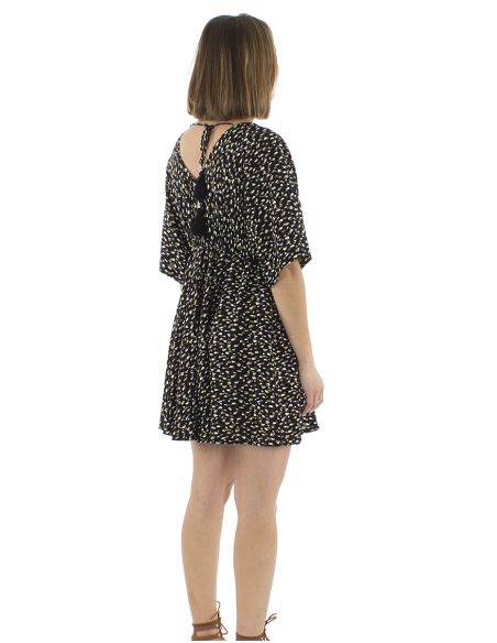 Robe Viscose Courte Imprime Feline Elastique TailleManches Courtes