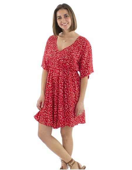 Robe Viscose Courte Imprime Feline Elastique TailleManches Courtes