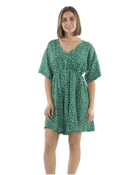 Robe Viscose Courte Imprime Feline Elastique TailleManches Courtes