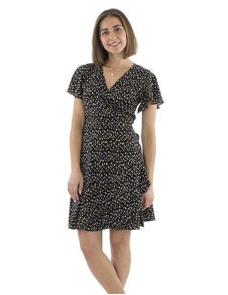 Robe Viscose Cache Cœur Imprime Feline Manches Courtes