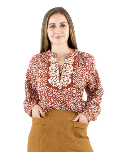 Chemisier coton brodé fleurs