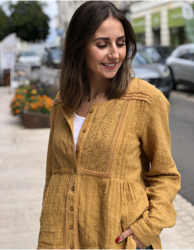 Chemisier coton uni gaze brodé